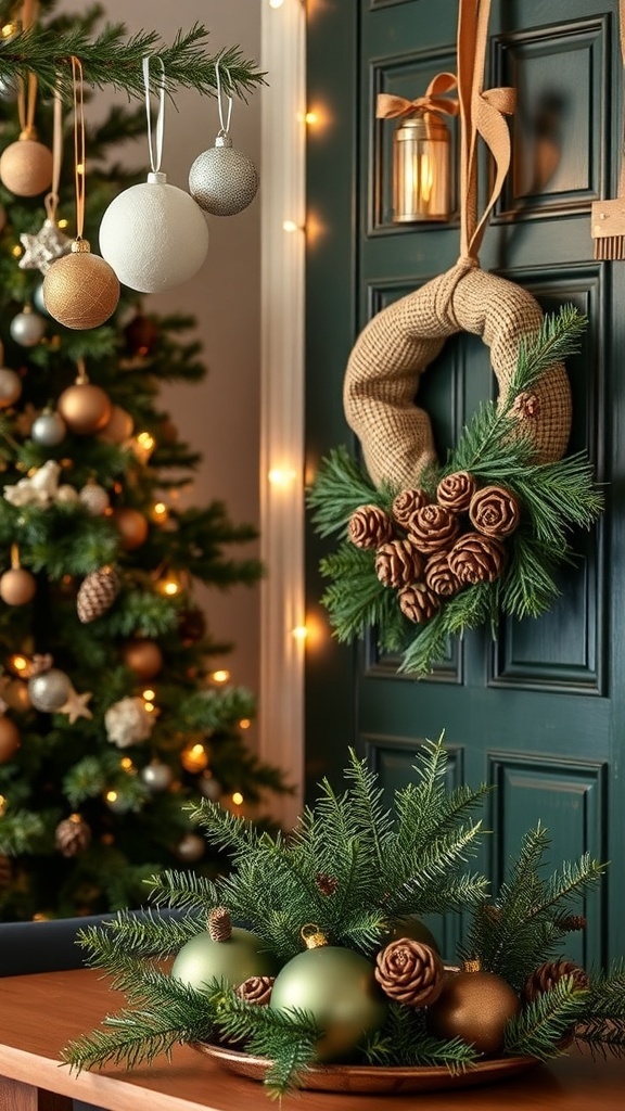 A collection of DIY Christmas decorations including handmade ornaments, a burlap wreath, and a natural centerpiece.
